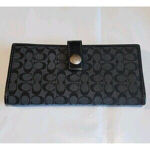 COACH Signature Jacquard Black Bifold Wallet Leather Trim Checkbook Card Flat